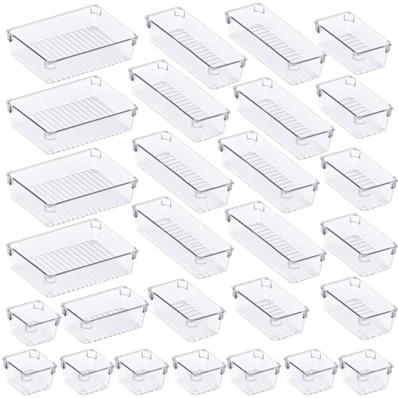Kootek 28 Pcs Drawer Organizer, 4 Sizes Bathroom Drawer Organizers Trays Clear Plastic Makeup Organizer Vanity Dividers Desk Storage Bins for Jewelry, Kitchen, Bedroom, Office